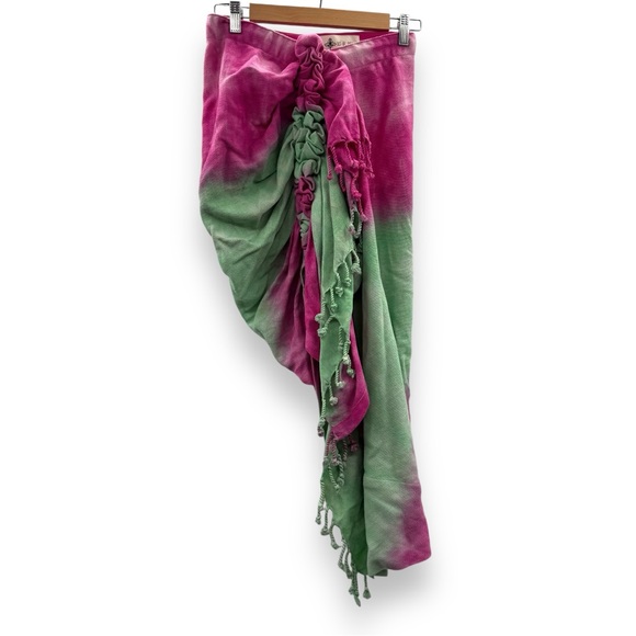 Just Bee Queen Tulum Ombre Tie Dye‎ Green & Pink Ruched Swim Coverup Skirt Sz M